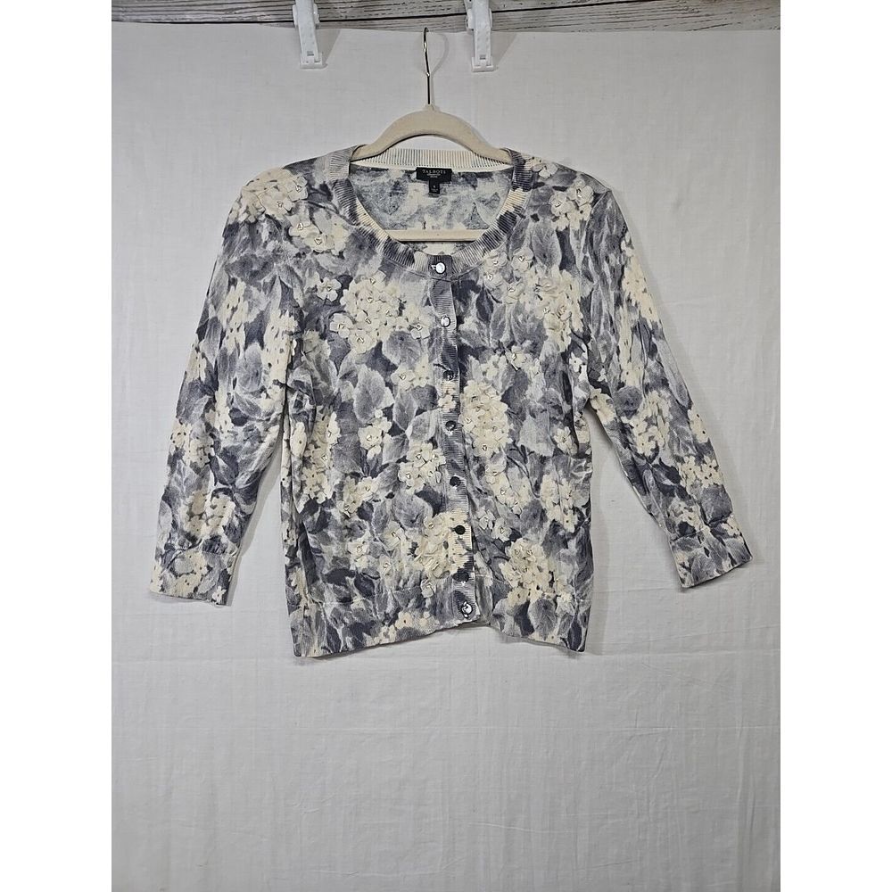 Talbots Womens Small Floral Applique Silk Button Up Cardigan Sweater 3/4 Sleeves